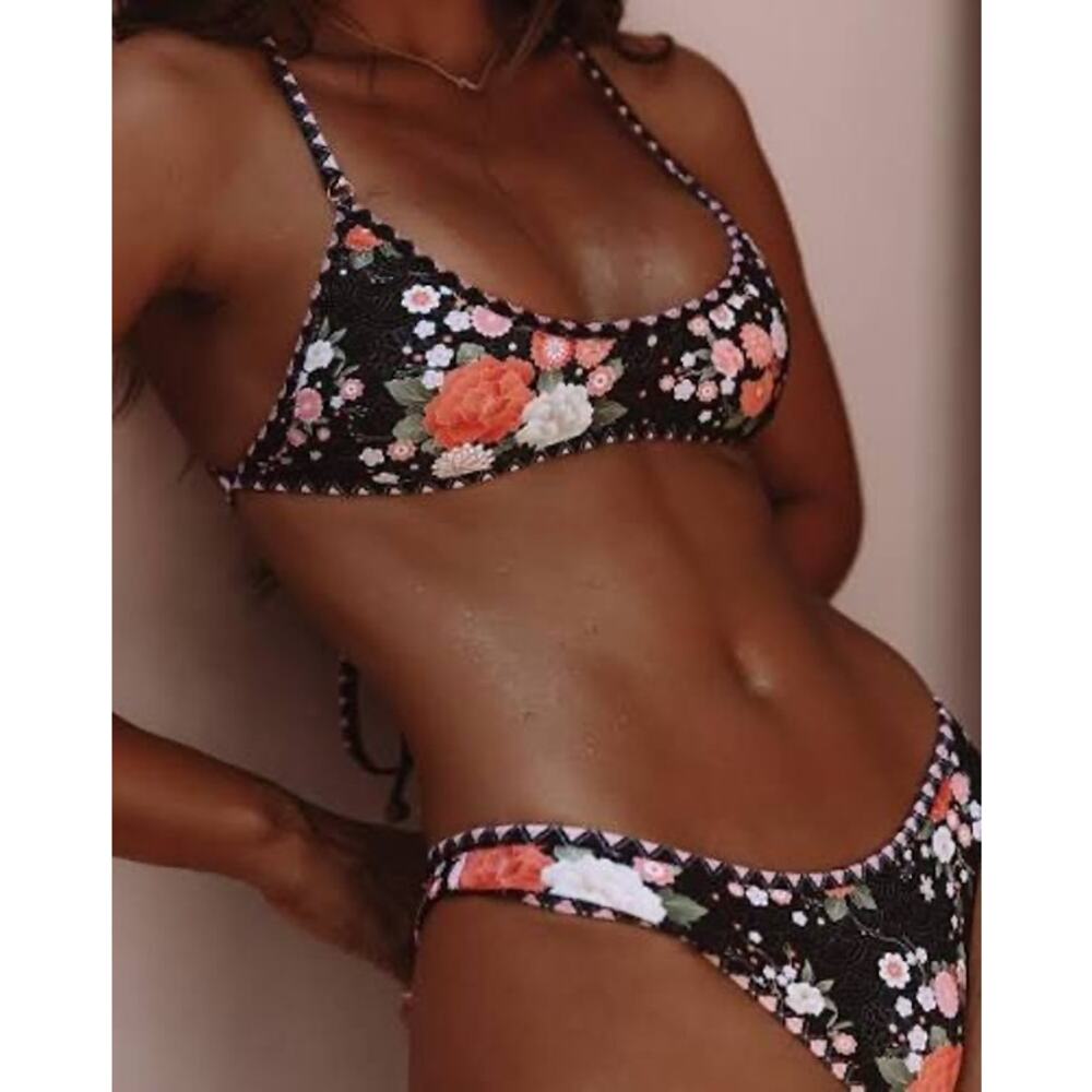 Black Floral Bikini Set with Coral Accents - Women's Swim